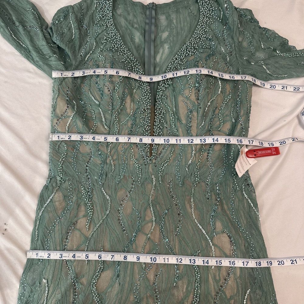 NWT Mac Duggal [ 12 ] 79291 Beaded Lace Long Sleeve Plunge Neck Gown Sage‎ green - Picture 4 of 15